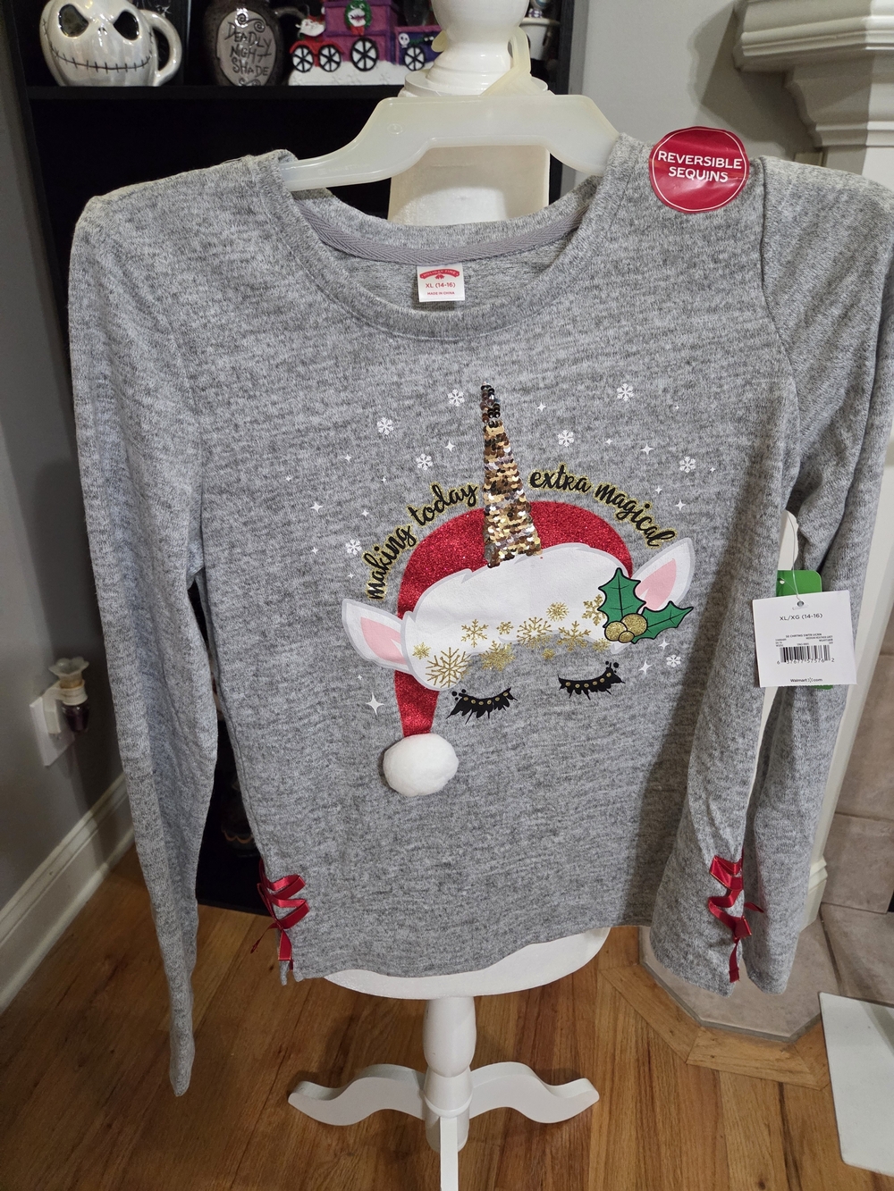 Holiday Time Gray Long-Sleeve Unicorn Sequin Holiday Top